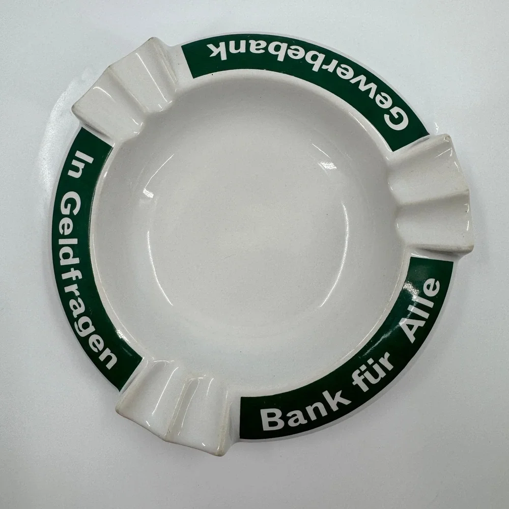 Vintage Gewerbebank Bank Fur Alle Ceramic Ashtray‎ White Green Collectible